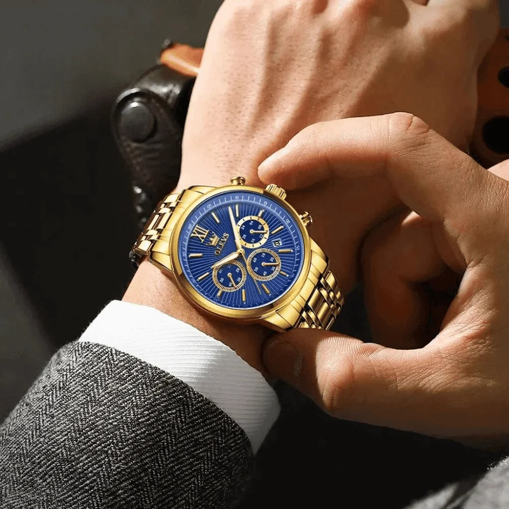 Olevs Montre Homme Tendance Brest | Bleue/Doré